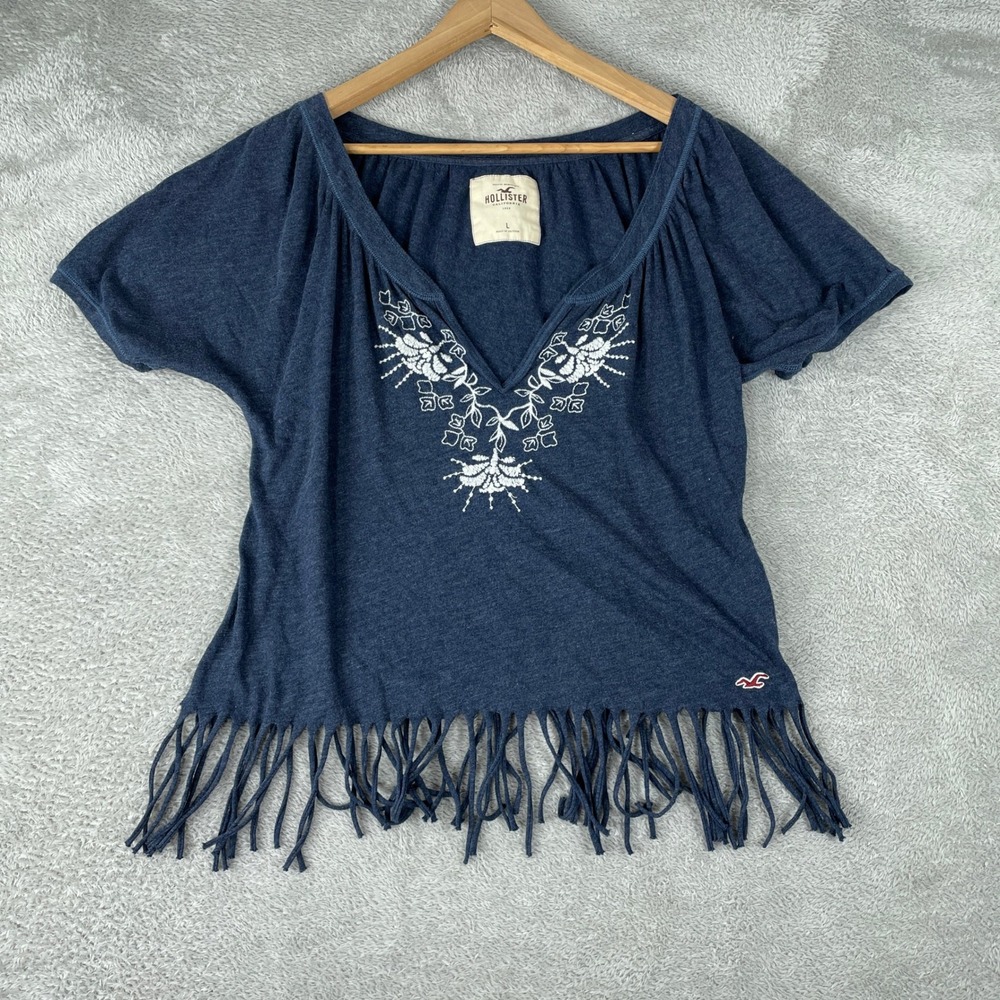 Hollister Peasant Top Womens Large Blue Embroidered Fringe Y2K Boho Festival